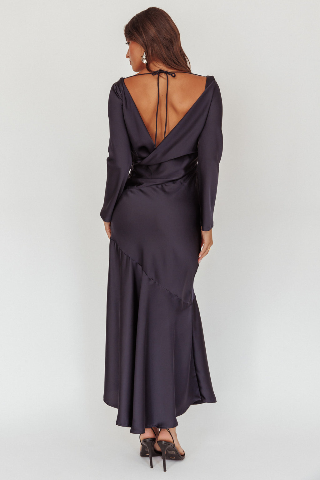 Cecilia Long Sleeve Drape Back Maxi Dress Navy by Selfie Leslie Australia