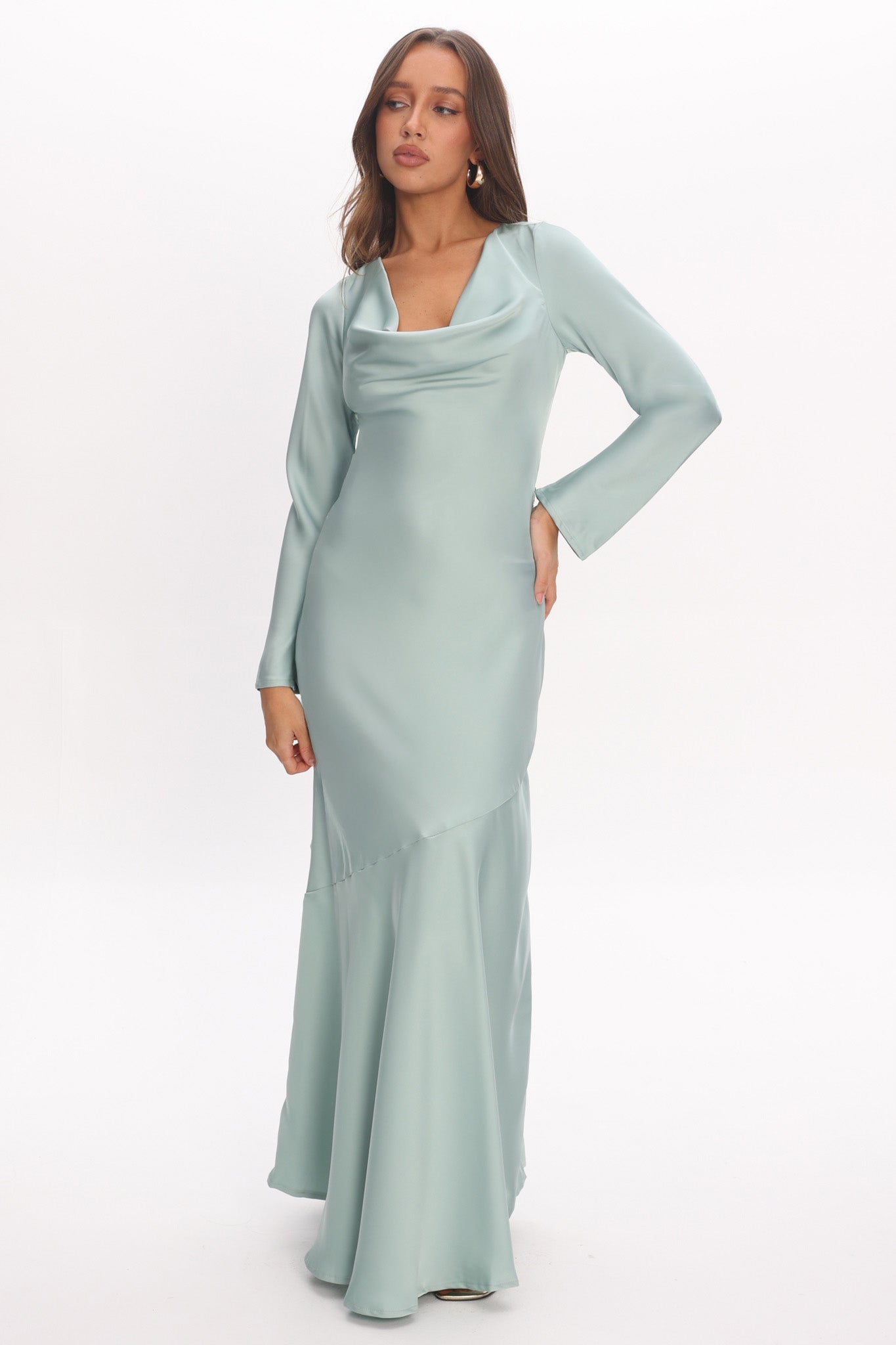 Cecilia Long Sleeve Drape Back Maxi Dress Sage by Selfie Leslie Australia