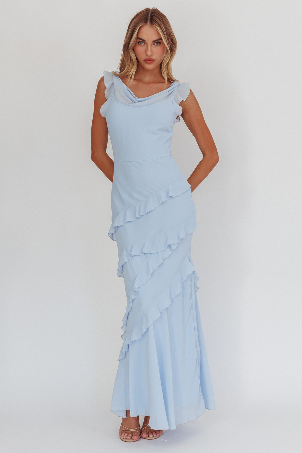 Sangria Cowl Neck Frill Maxi Dress Blue by Selfie Leslie Australia
