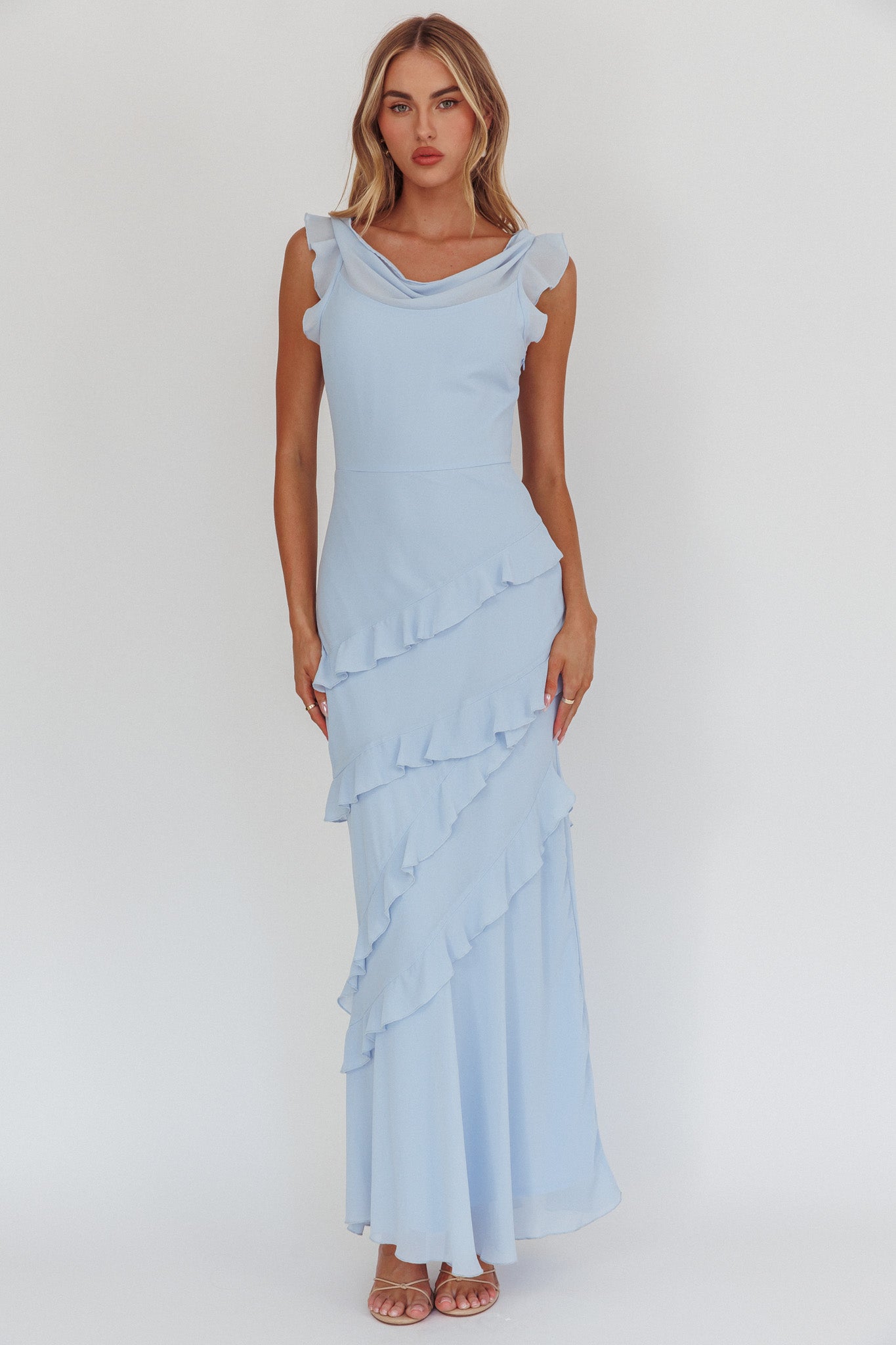 Sangria Cowl Neck Frill Maxi Dress Blue by Selfie Leslie Australia