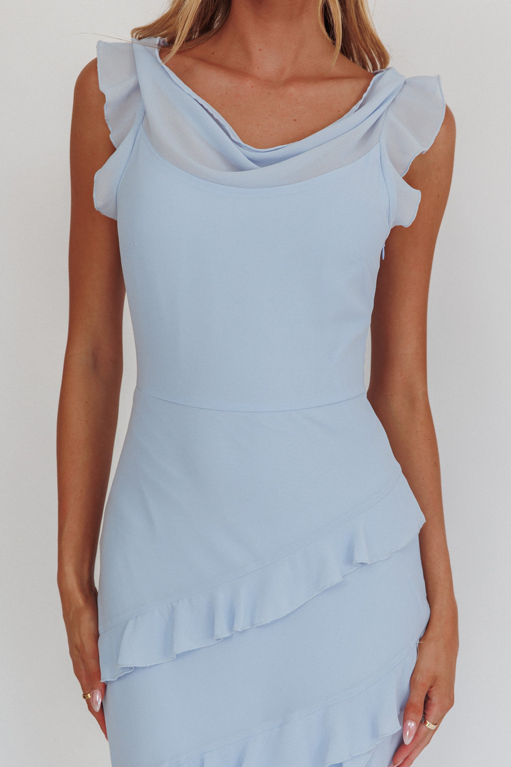 Sangria Cowl Neck Frill Maxi Dress Blue by Selfie Leslie Australia