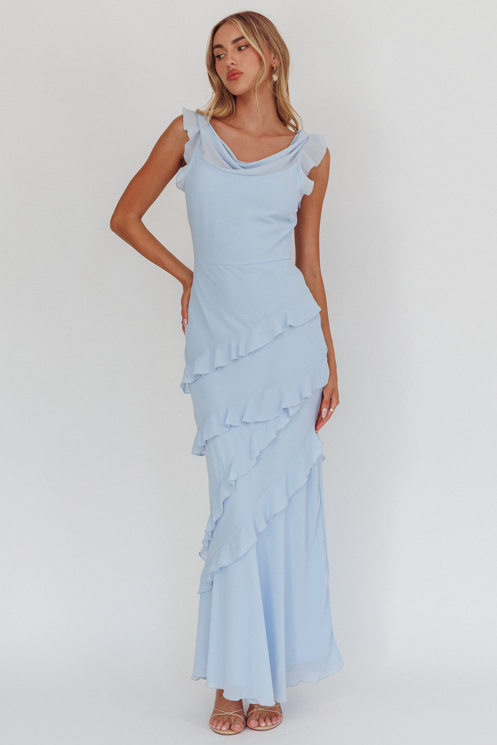 Sangria Cowl Neck Frill Maxi Dress Blue by Selfie Leslie Australia