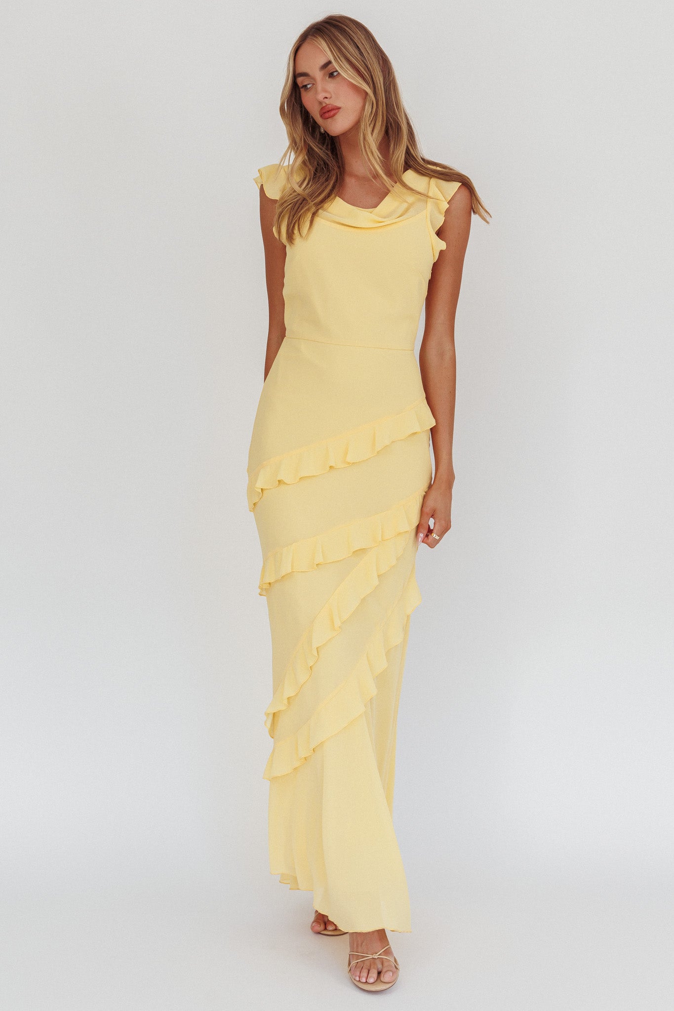 Sangria Cowl Neck Frill Maxi Dress Lemon by Selfie Leslie Australia
