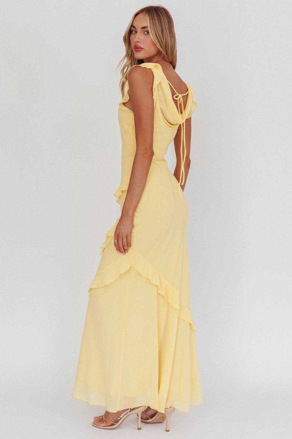 Sangria Cowl Neck Frill Maxi Dress Lemon by Selfie Leslie Australia