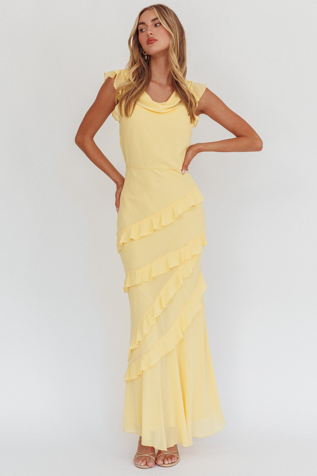 Sangria Cowl Neck Frill Maxi Dress Lemon by Selfie Leslie Australia