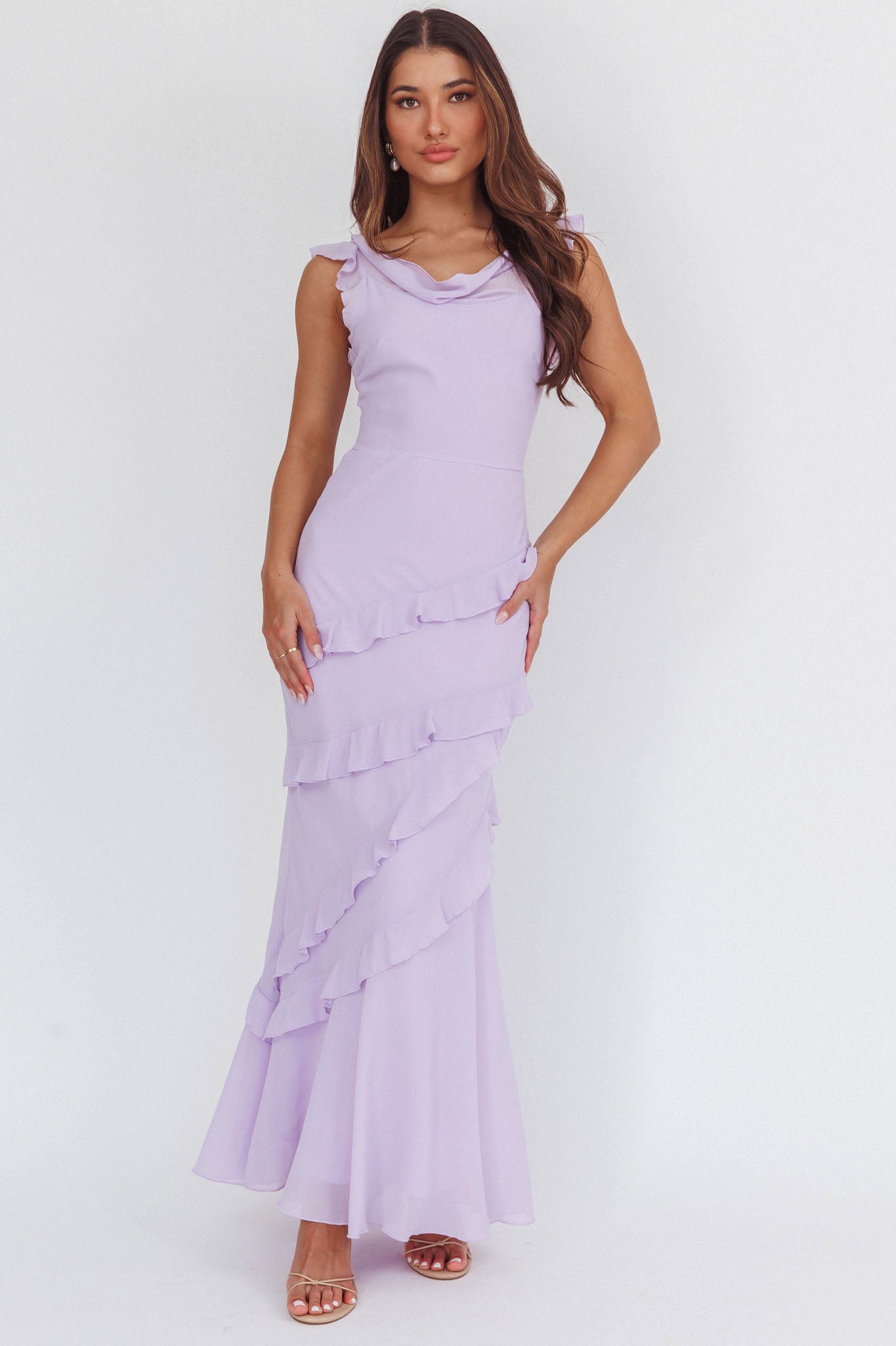 Sangria Cowl Neck Frill Maxi Dress Lilac by Selfie Leslie Australia