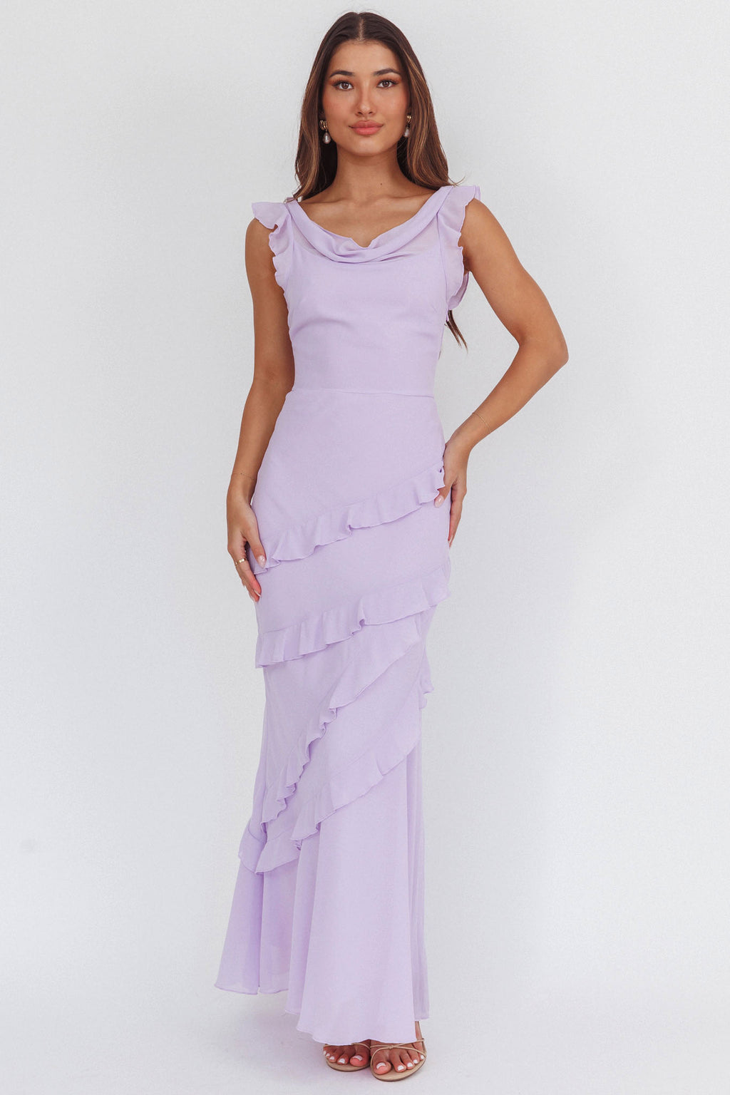 Sangria Cowl Neck Frill Maxi Dress Lilac by Selfie Leslie Australia