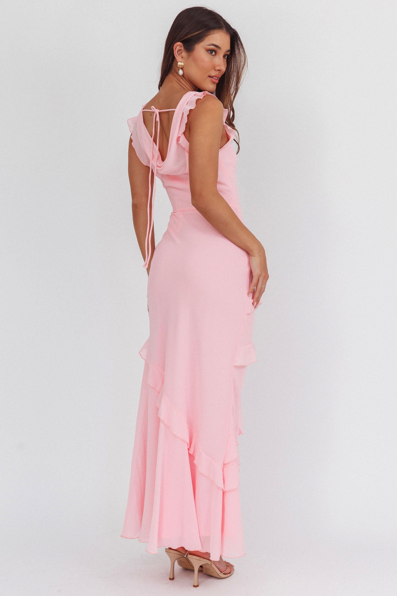 Sangria Cowl Neck Frill Maxi Dress Skin Powder by Selfie Leslie Australia