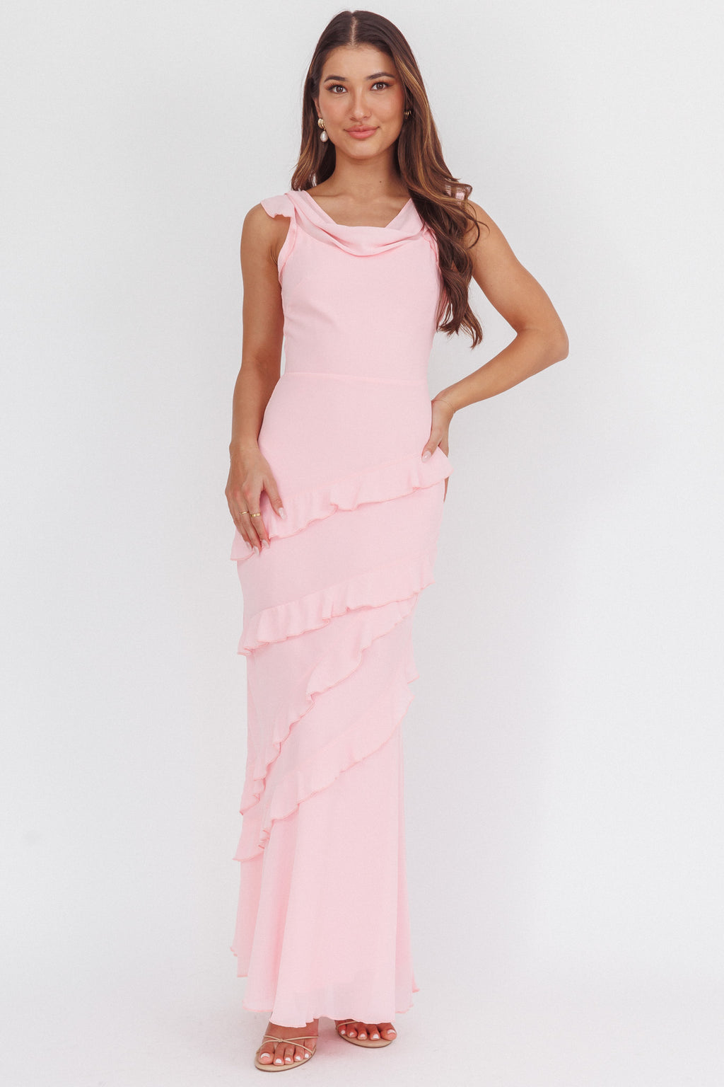 Sangria Cowl Neck Frill Maxi Dress Skin Powder by Selfie Leslie Australia