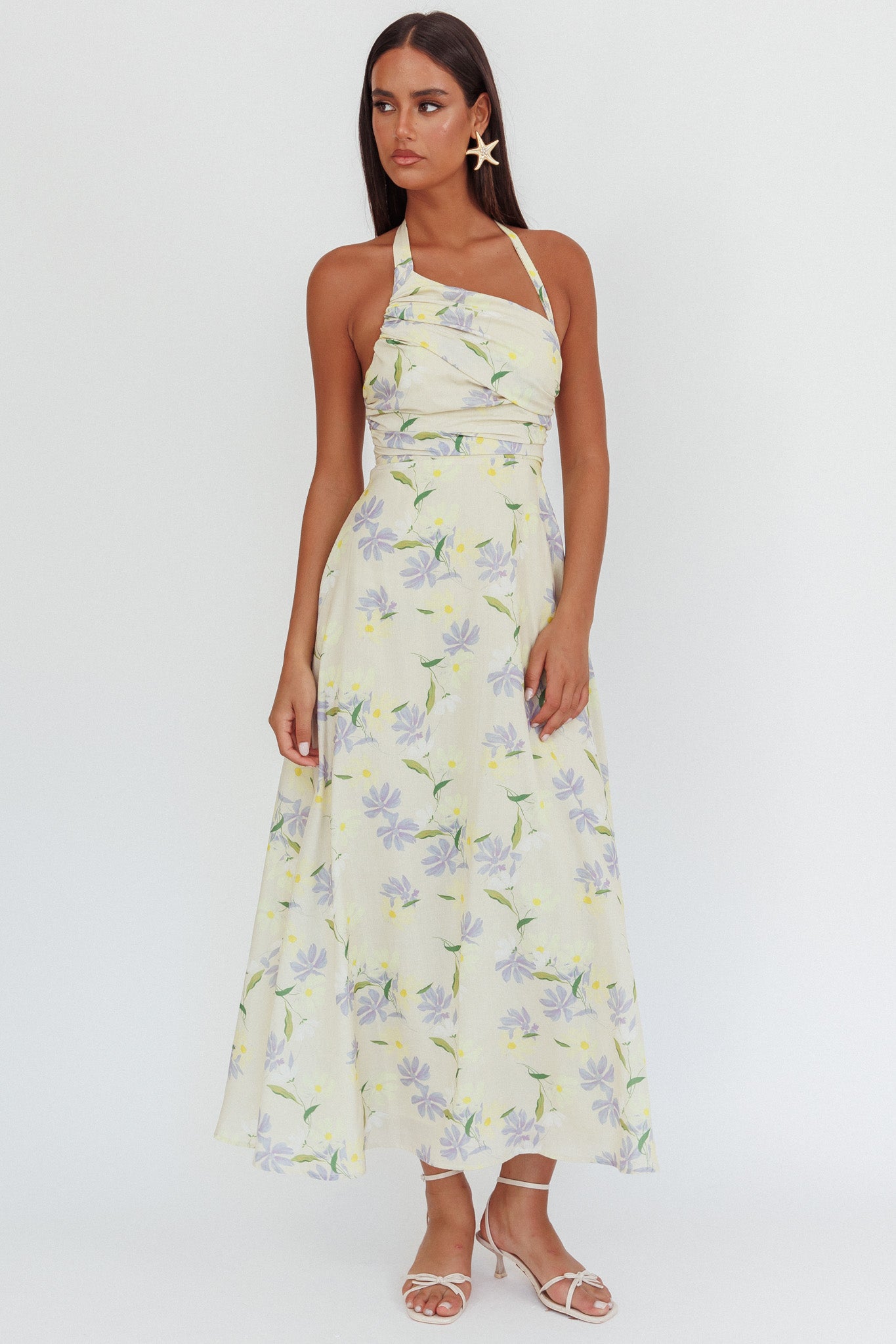 Auriana Asymmetric Neckline Halter maxi Dress Floral Lemon by Selfie Leslie Australia