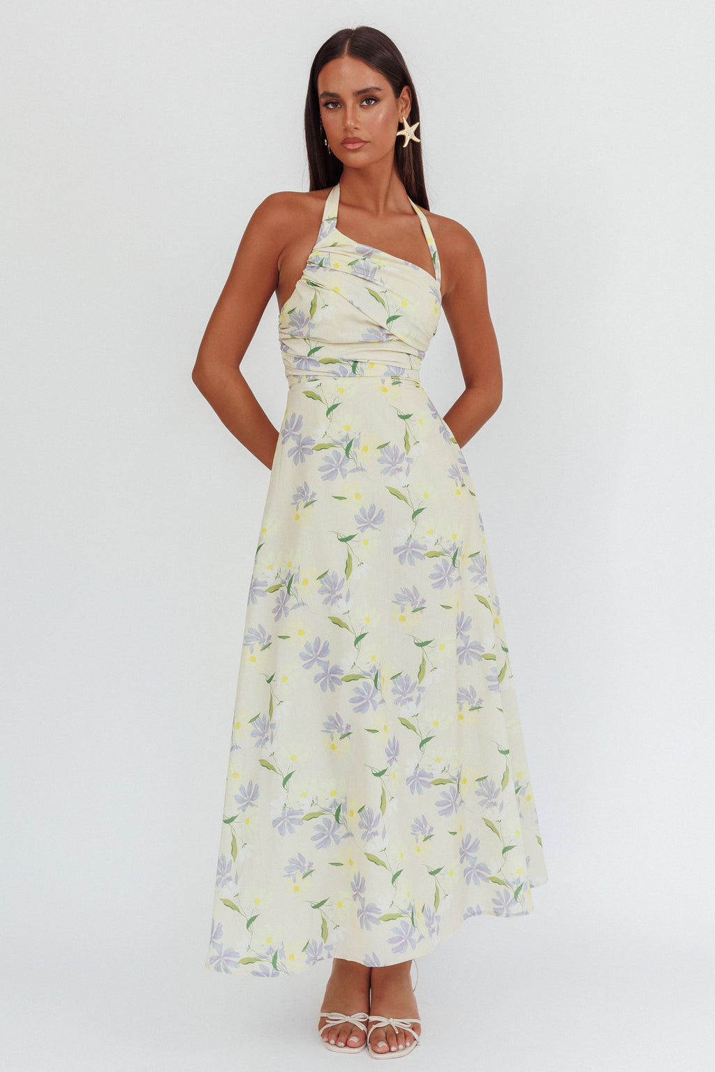 Auriana Asymmetric Neckline Halter maxi Dress Floral Lemon by Selfie Leslie Australia