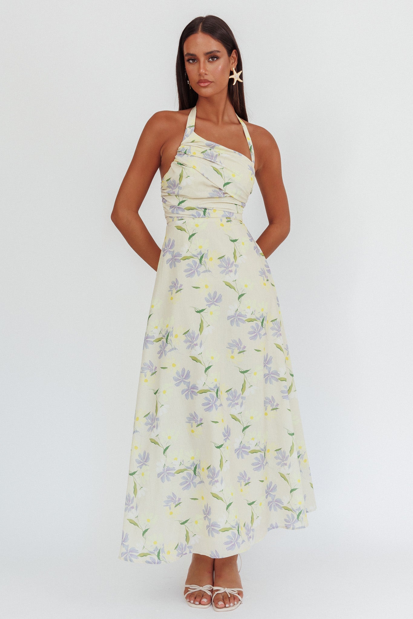 Auriana Asymmetric Neckline Halter maxi Dress Floral Lemon by Selfie Leslie Australia