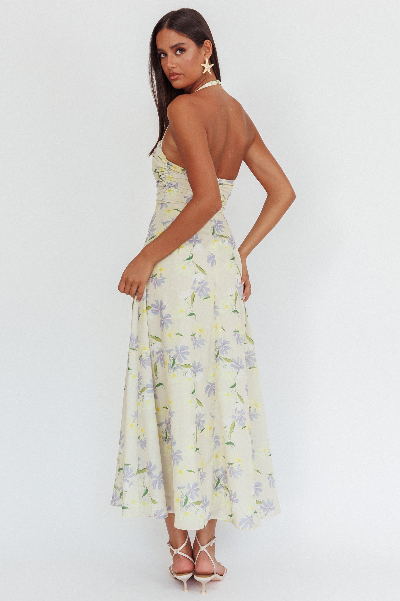 Auriana Asymmetric Neckline Halter maxi Dress Floral Lemon by Selfie Leslie Australia