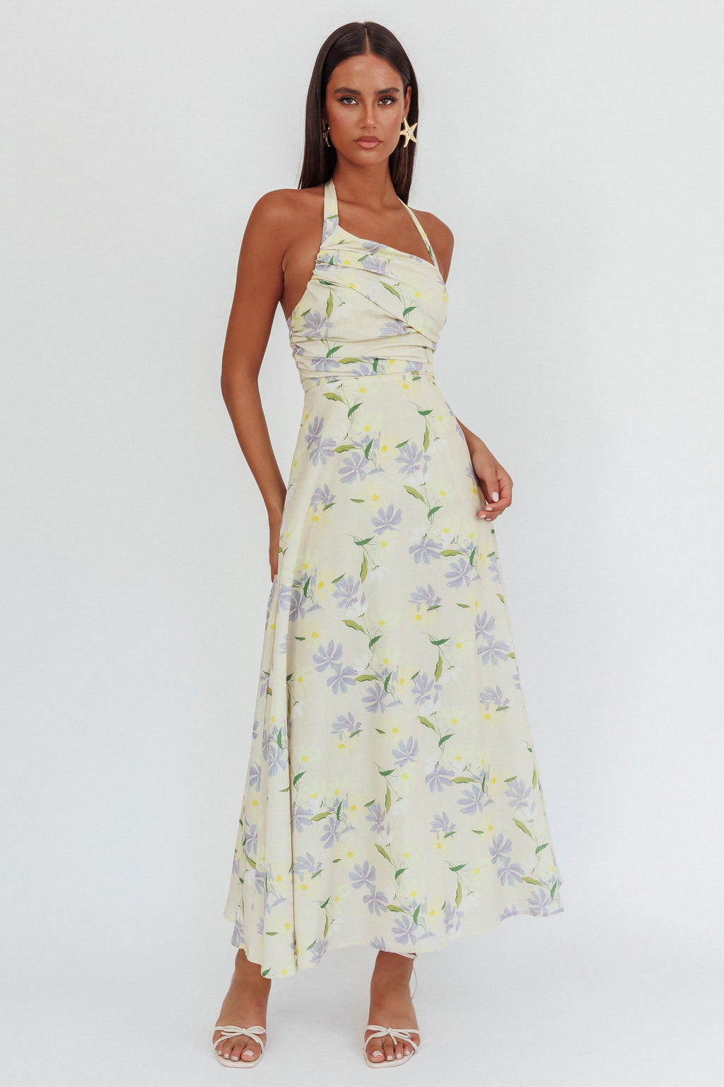 Auriana Asymmetric Neckline Halter maxi Dress Floral Lemon by Selfie Leslie Australia
