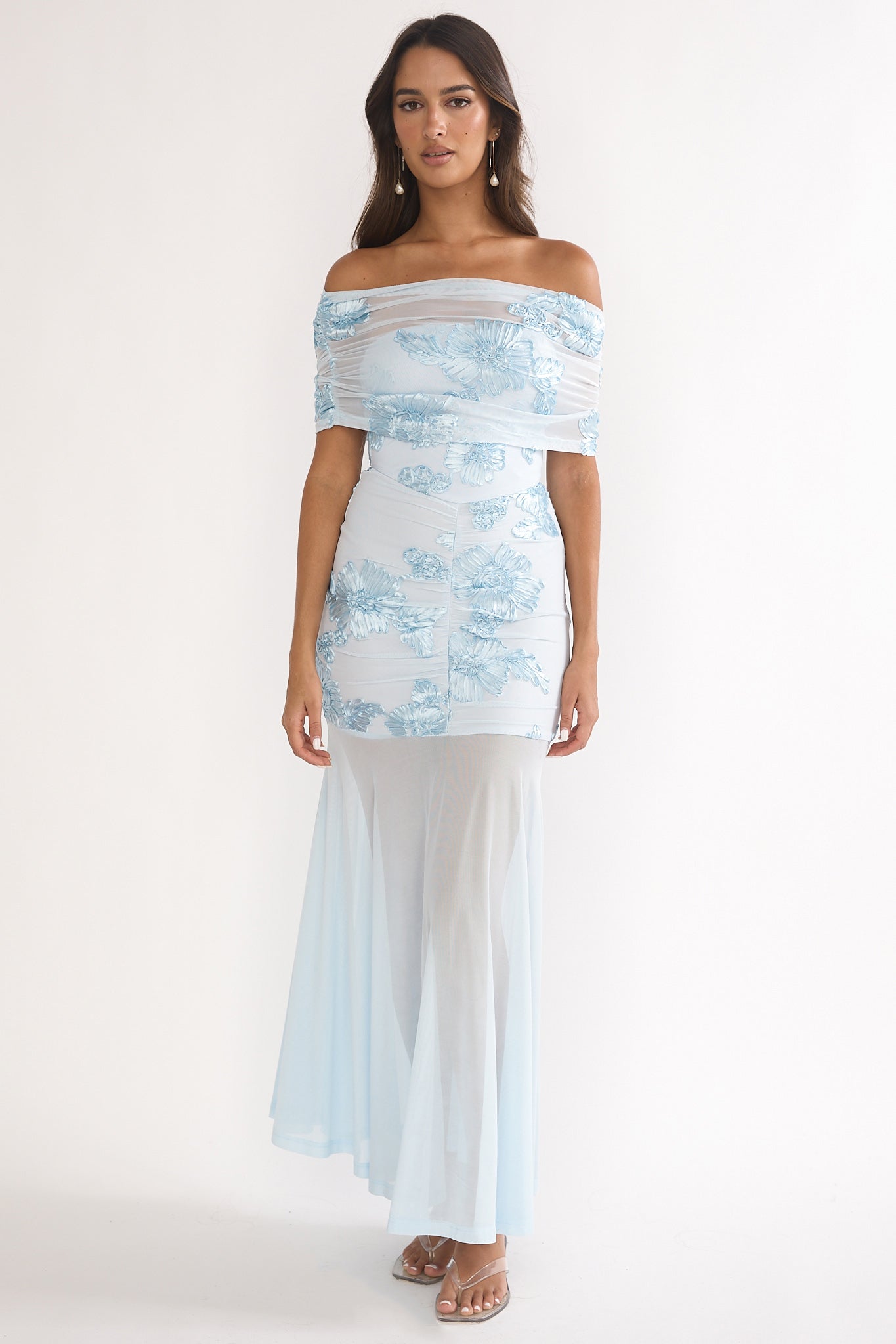 Clarita Sheer Ruched Maxi Dress Embellished Blue by Selfie Leslie Australia
