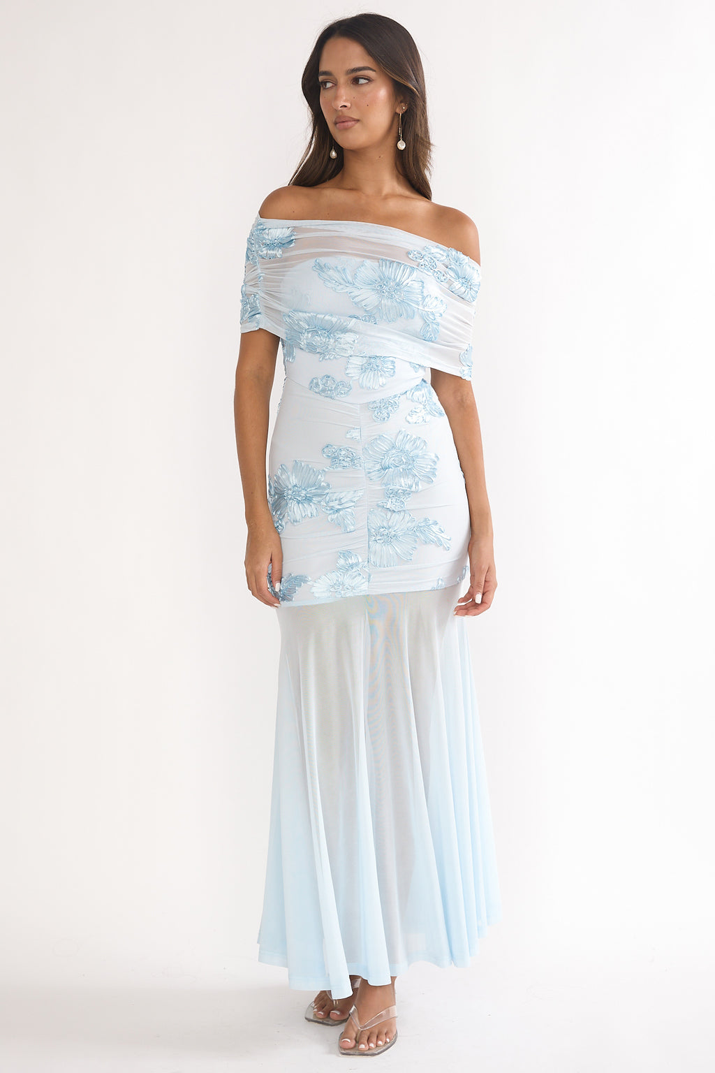 Clarita Sheer Ruched Maxi Dress Embellished Blue by Selfie Leslie Australia