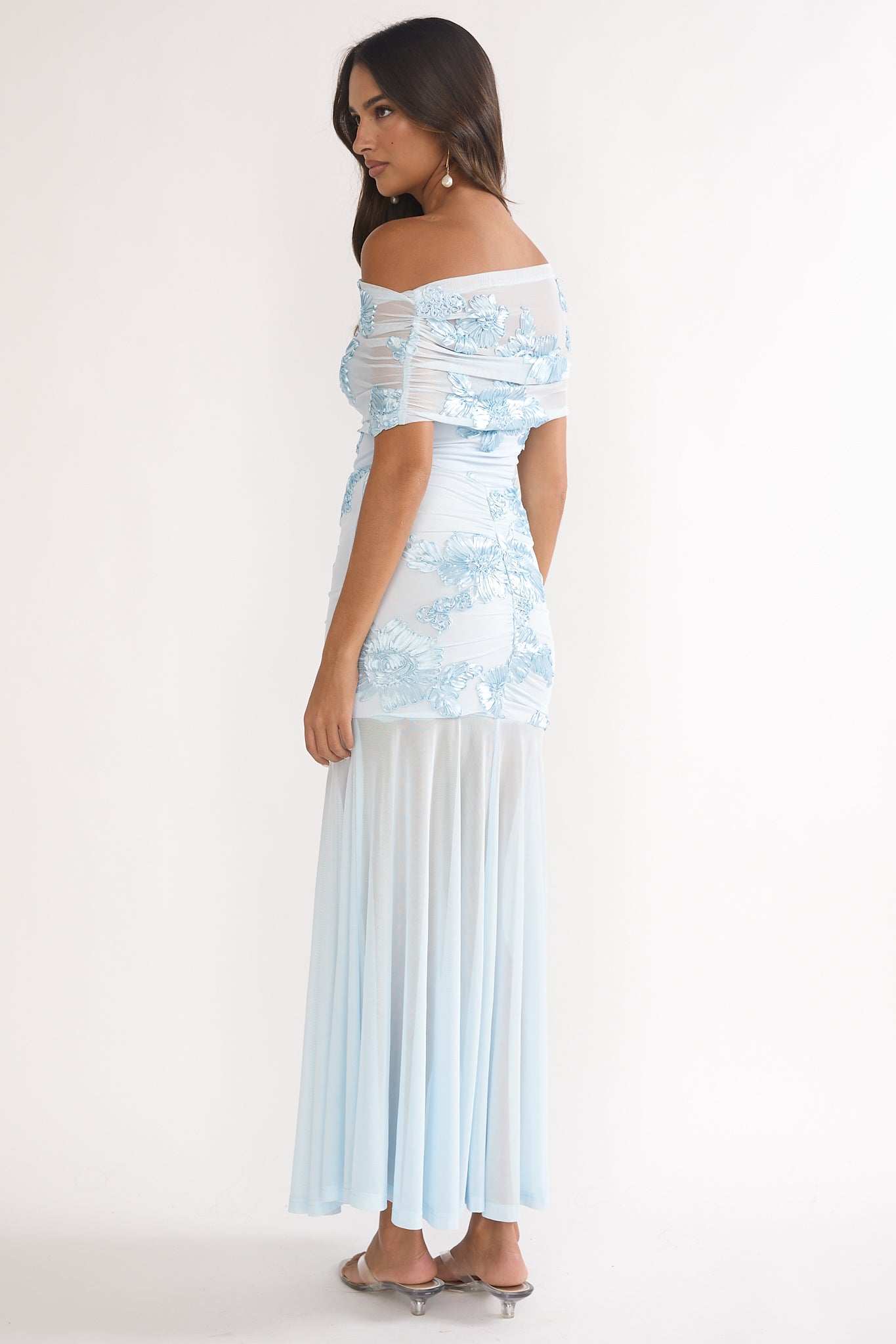 Clarita Sheer Ruched Maxi Dress Embellished Blue by Selfie Leslie Australia
