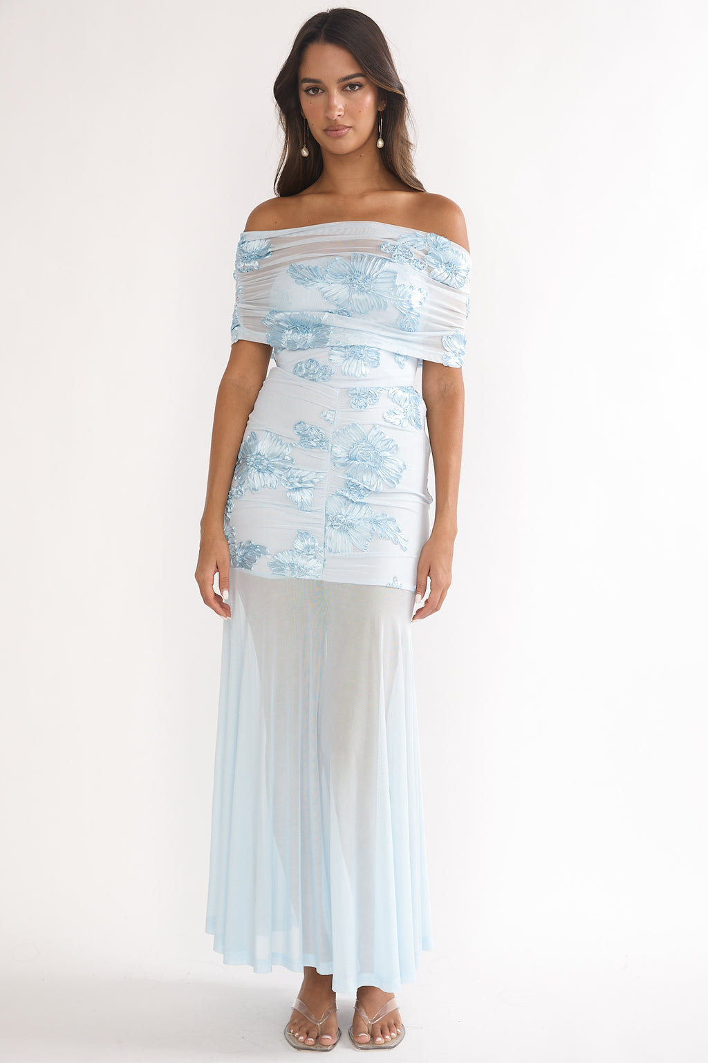 Clarita Sheer Ruched Maxi Dress Embellished Blue by Selfie Leslie Australia