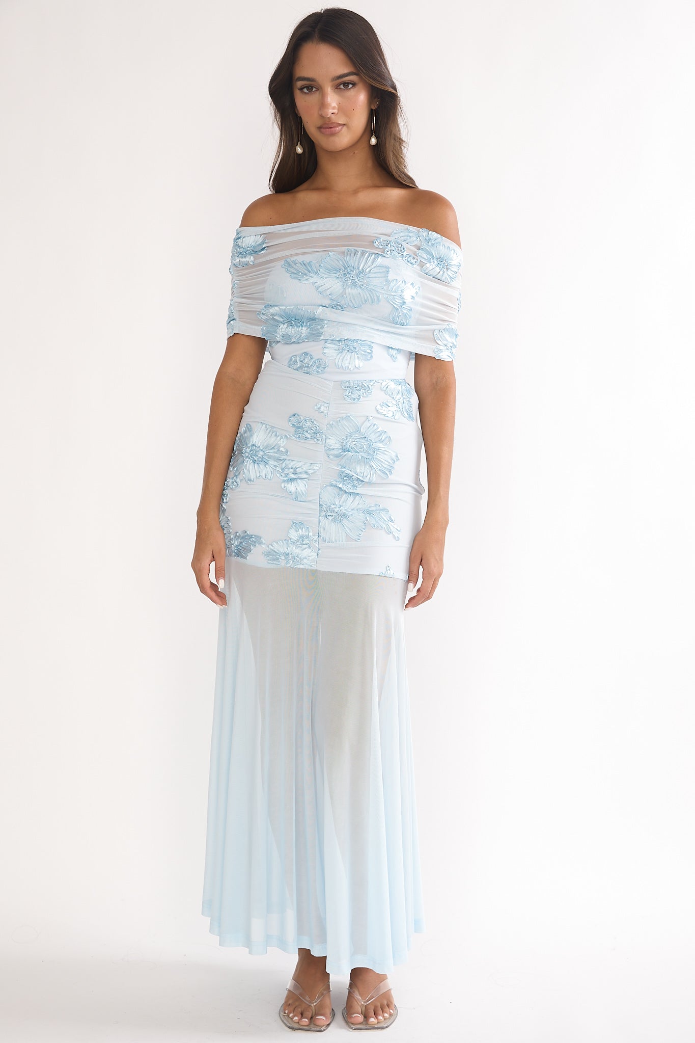 Clarita Sheer Ruched Maxi Dress Embellished Blue by Selfie Leslie Australia