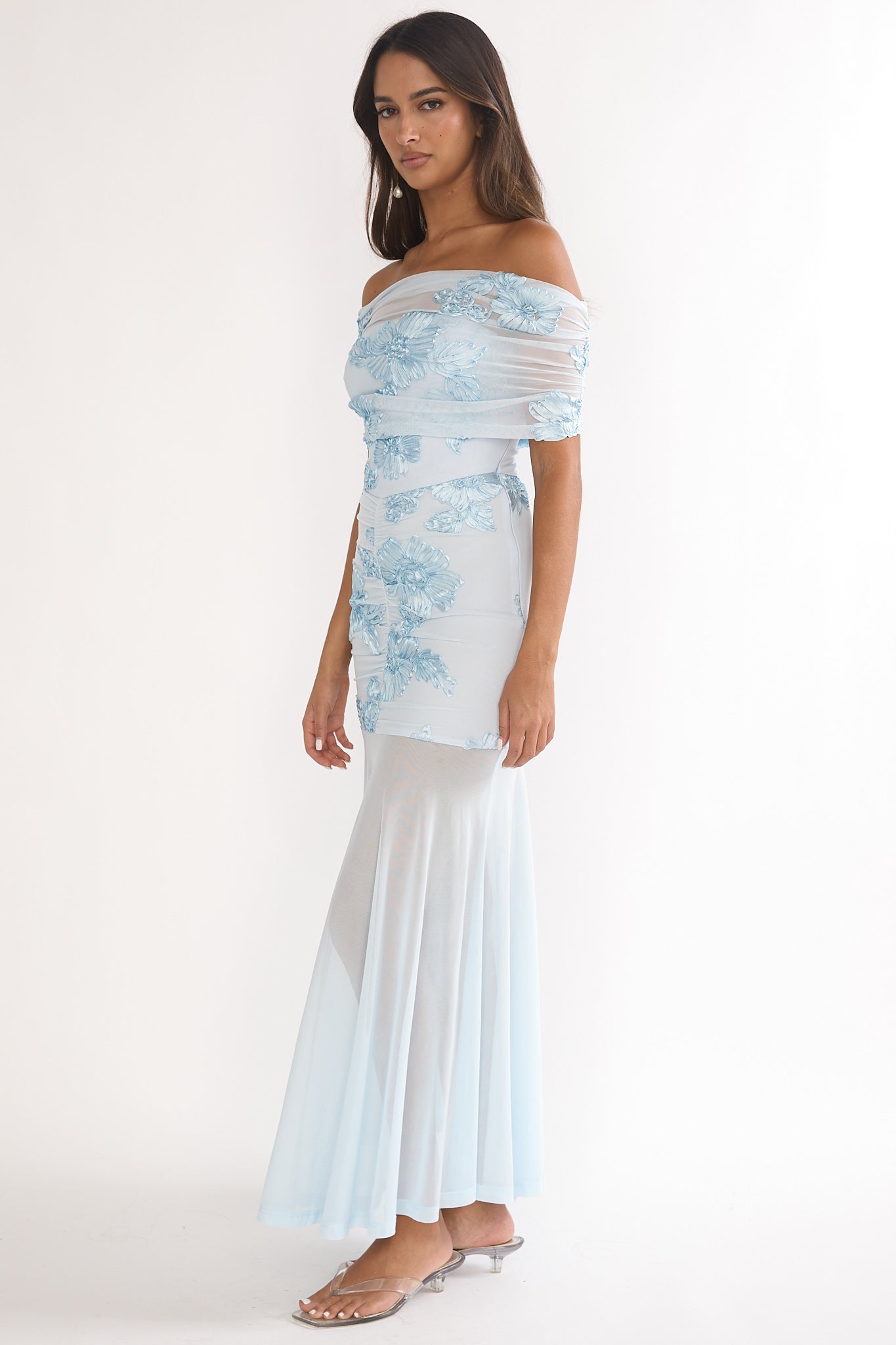 Clarita Sheer Ruched Maxi Dress Embellished Blue by Selfie Leslie Australia