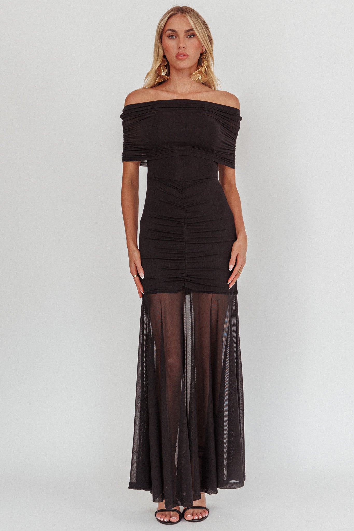 Clarita Sheer Ruched Maxi Dress Black by Selfie Leslie Australia