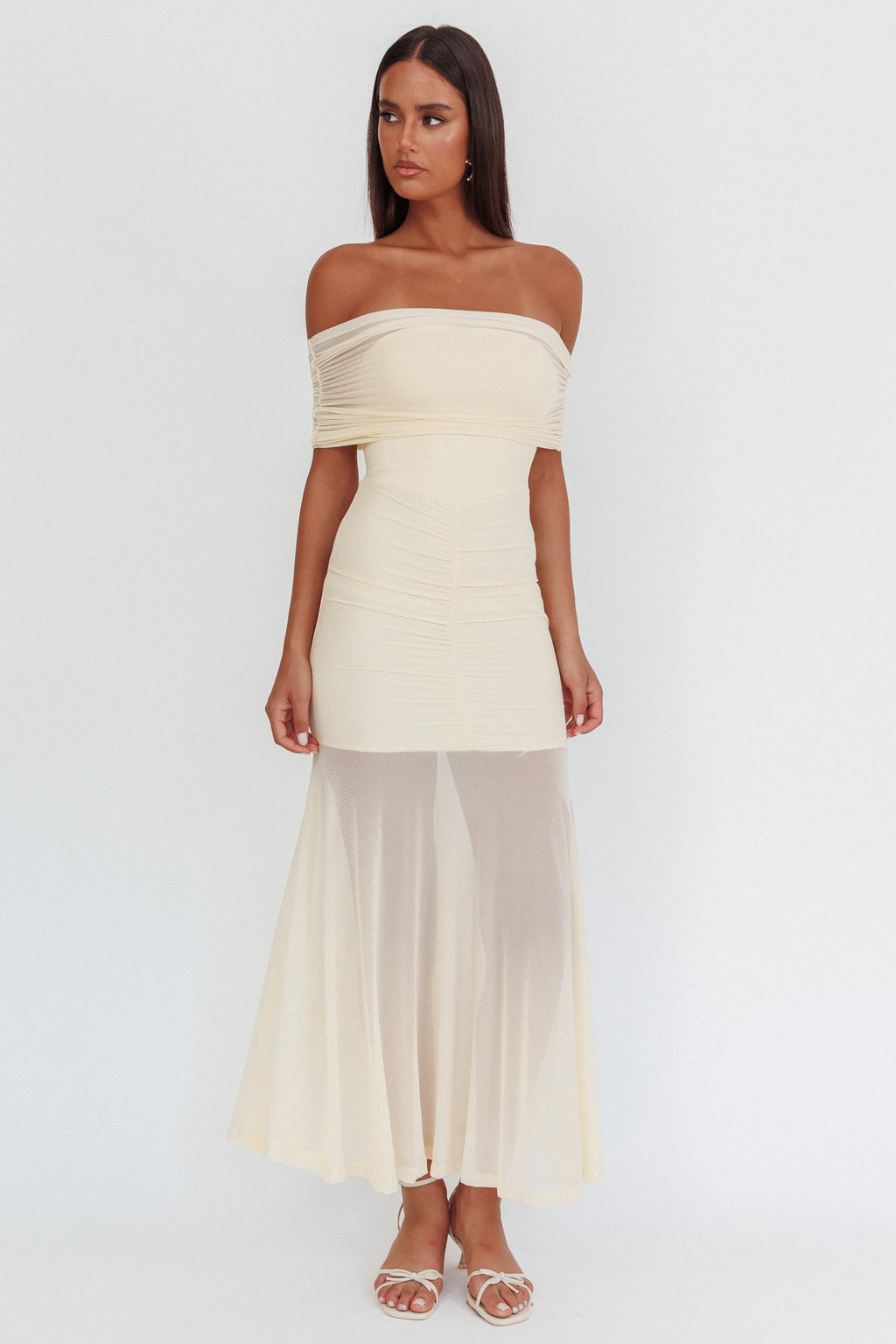 Clarita Sheer Ruched Maxi Dress Cream by Selfie Leslie Australia