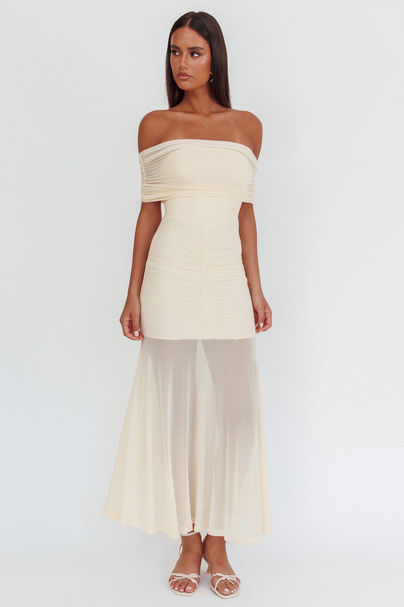 Clarita Sheer Ruched Maxi Dress Cream by Selfie Leslie Australia