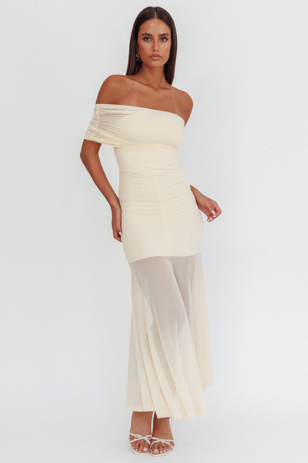 Clarita Sheer Ruched Maxi Dress Cream by Selfie Leslie Australia