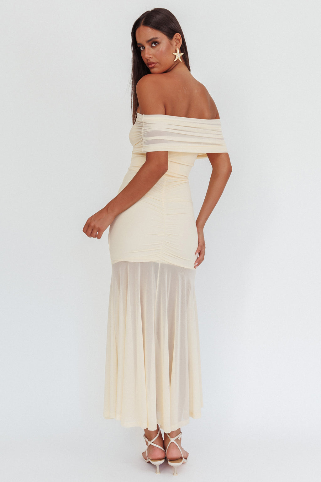 Clarita Sheer Ruched Maxi Dress Cream by Selfie Leslie Australia