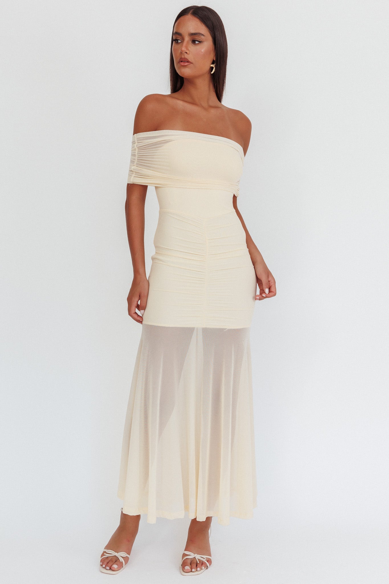 Clarita Sheer Ruched Maxi Dress Cream by Selfie Leslie Australia