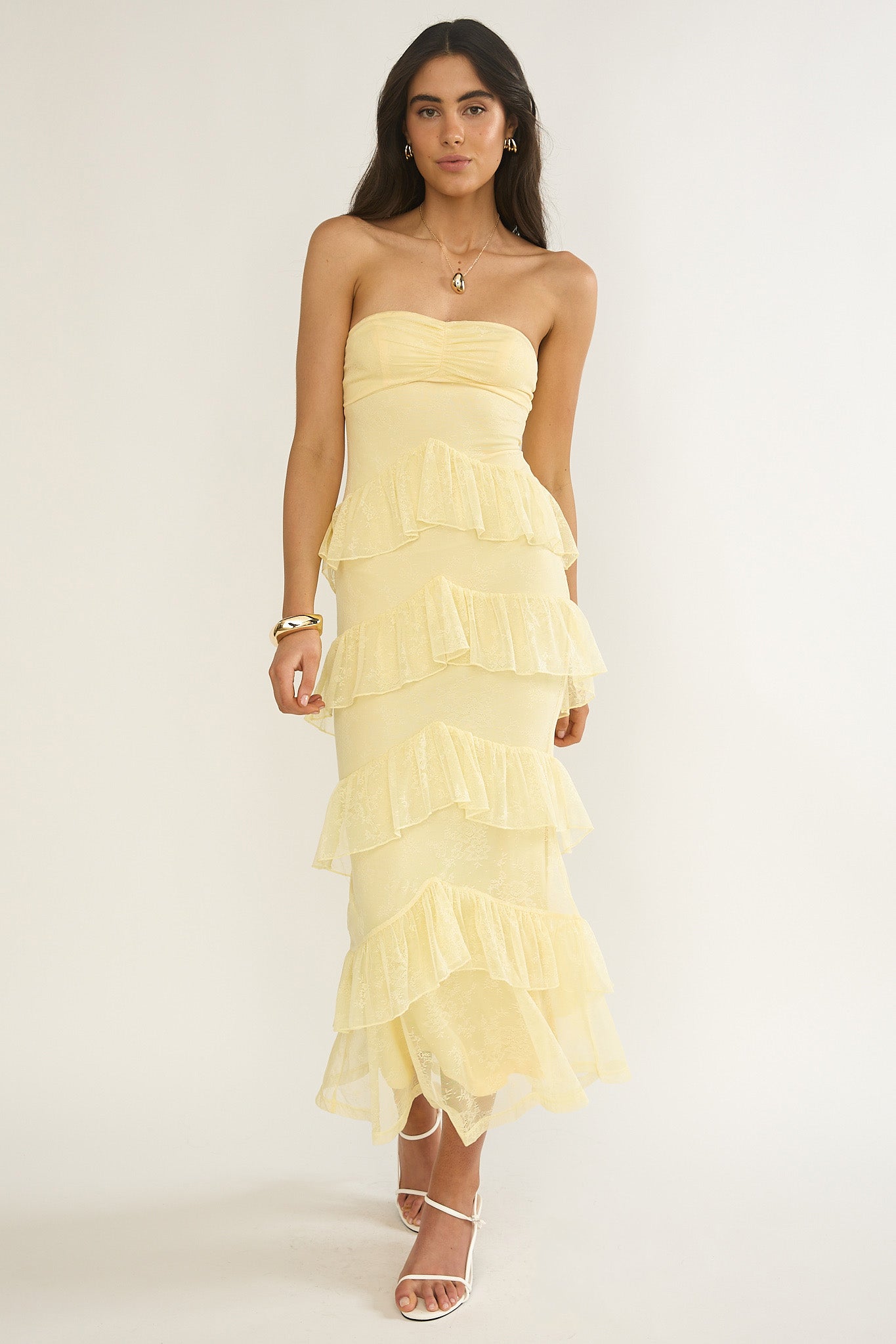Dulce Dreams Sweetheart Neckline Lace Frill Maxi Dress Butter by Selfie Leslie Australia