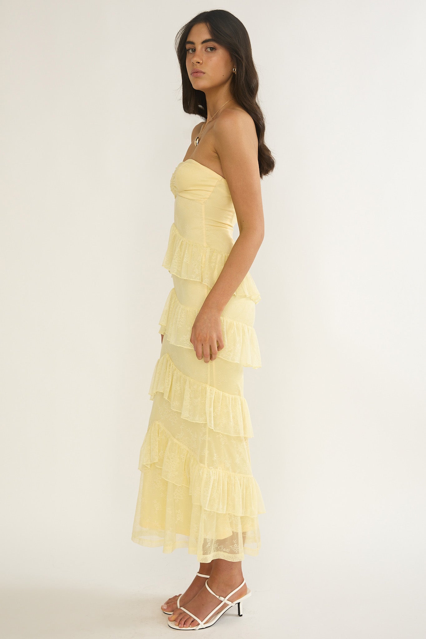 Dulce Dreams Sweetheart Neckline Lace Frill Maxi Dress Butter by Selfie Leslie Australia
