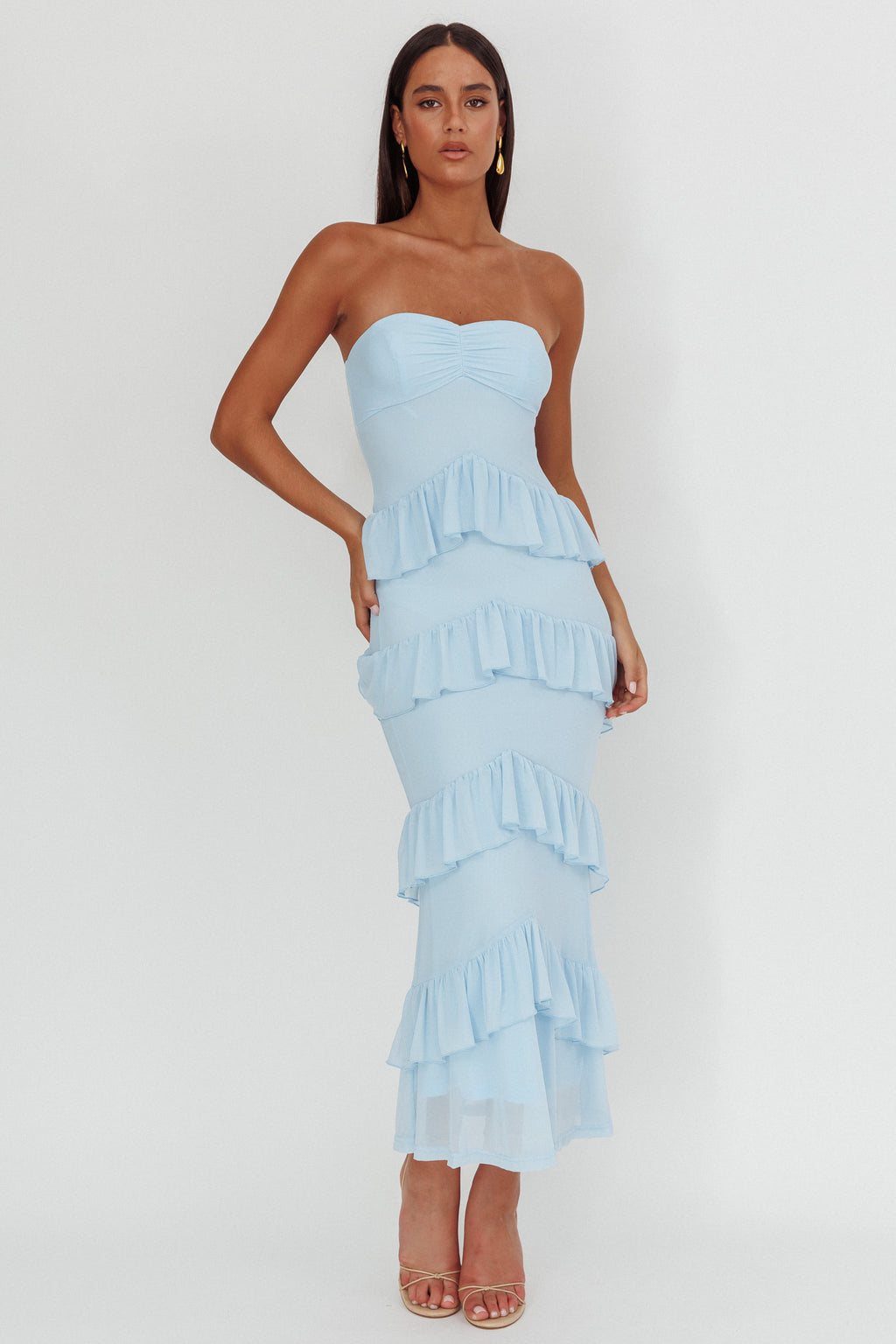 Dulce Dreams Sweetheart Neckline Frill Maxi Dress Blue by Selfie Leslie Australia