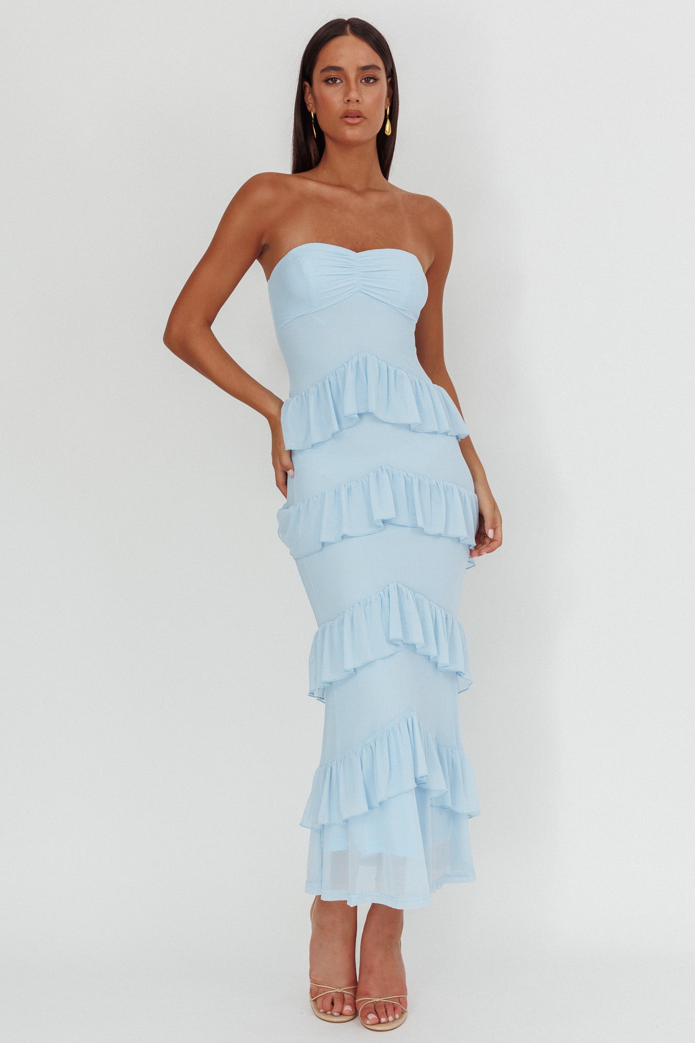 Dulce Dreams Sweetheart Neckline Frill Maxi Dress Blue by Selfie Leslie Australia