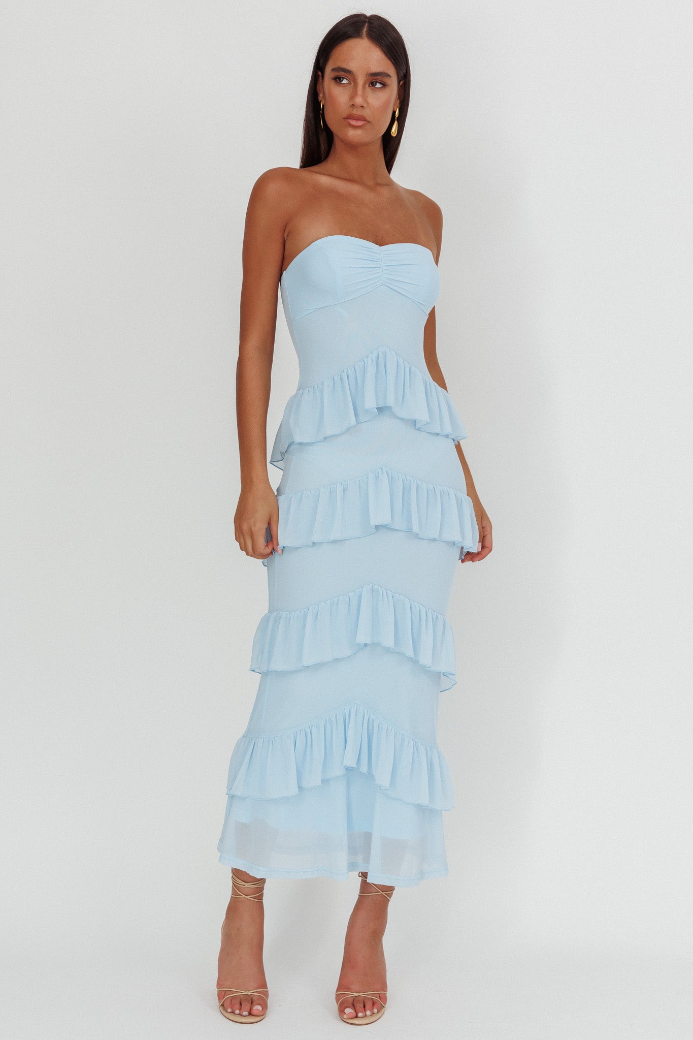 Dulce Dreams Sweetheart Neckline Frill Maxi Dress Blue by Selfie Leslie Australia
