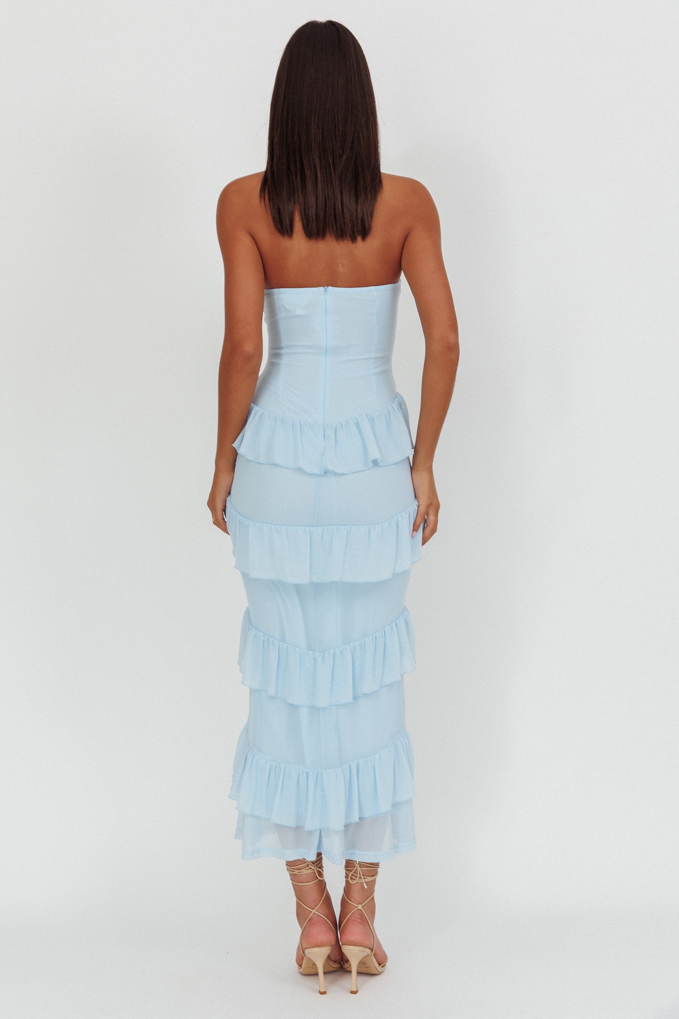 Dulce Dreams Sweetheart Neckline Frill Maxi Dress Blue by Selfie Leslie Australia