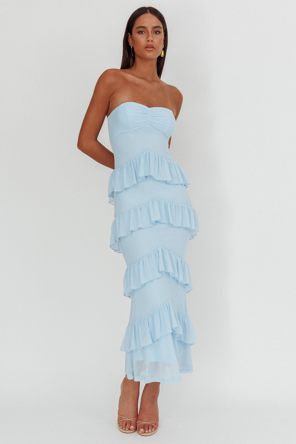 Dulce Dreams Sweetheart Neckline Frill Maxi Dress Blue by Selfie Leslie Australia