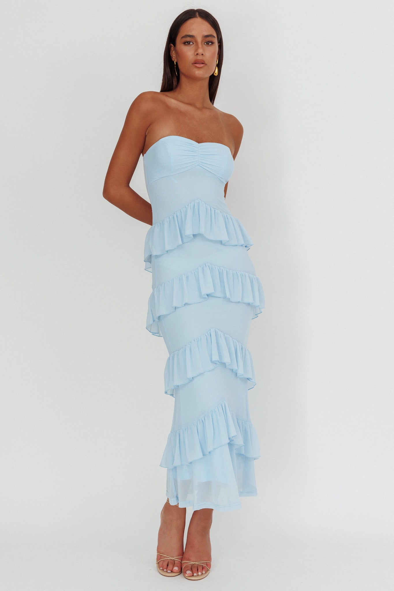Dulce Dreams Sweetheart Neckline Frill Maxi Dress Blue by Selfie Leslie Australia
