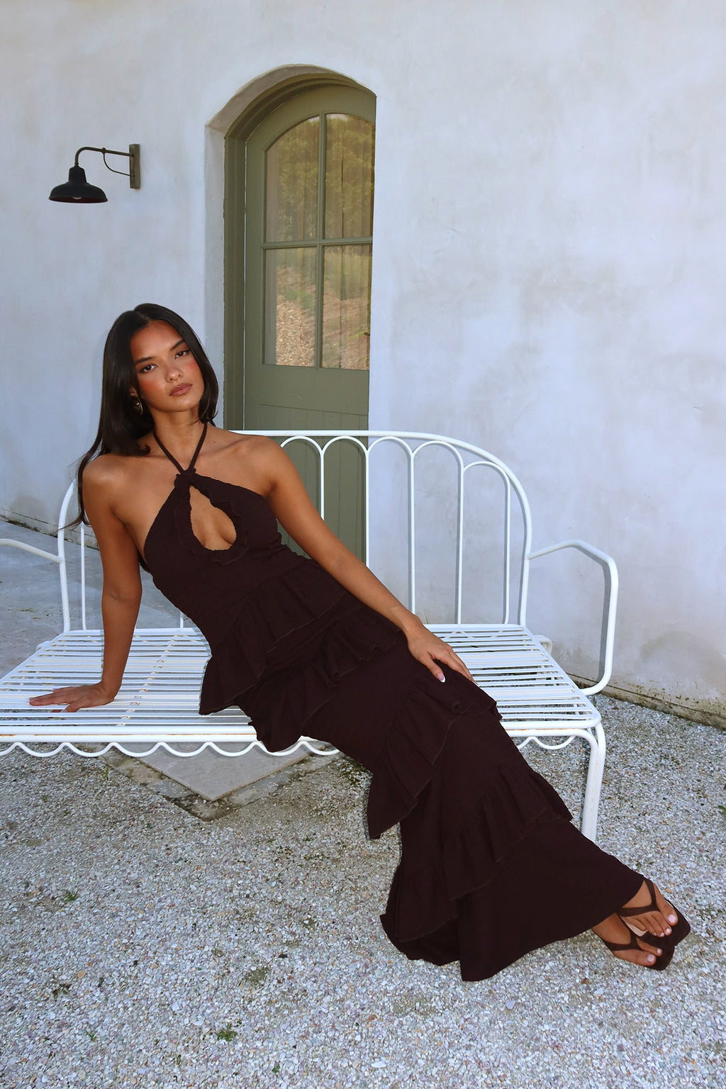 Dulce Dreams Halterneck Frill Maxi Dress Chocolate by Selfie Leslie Australia