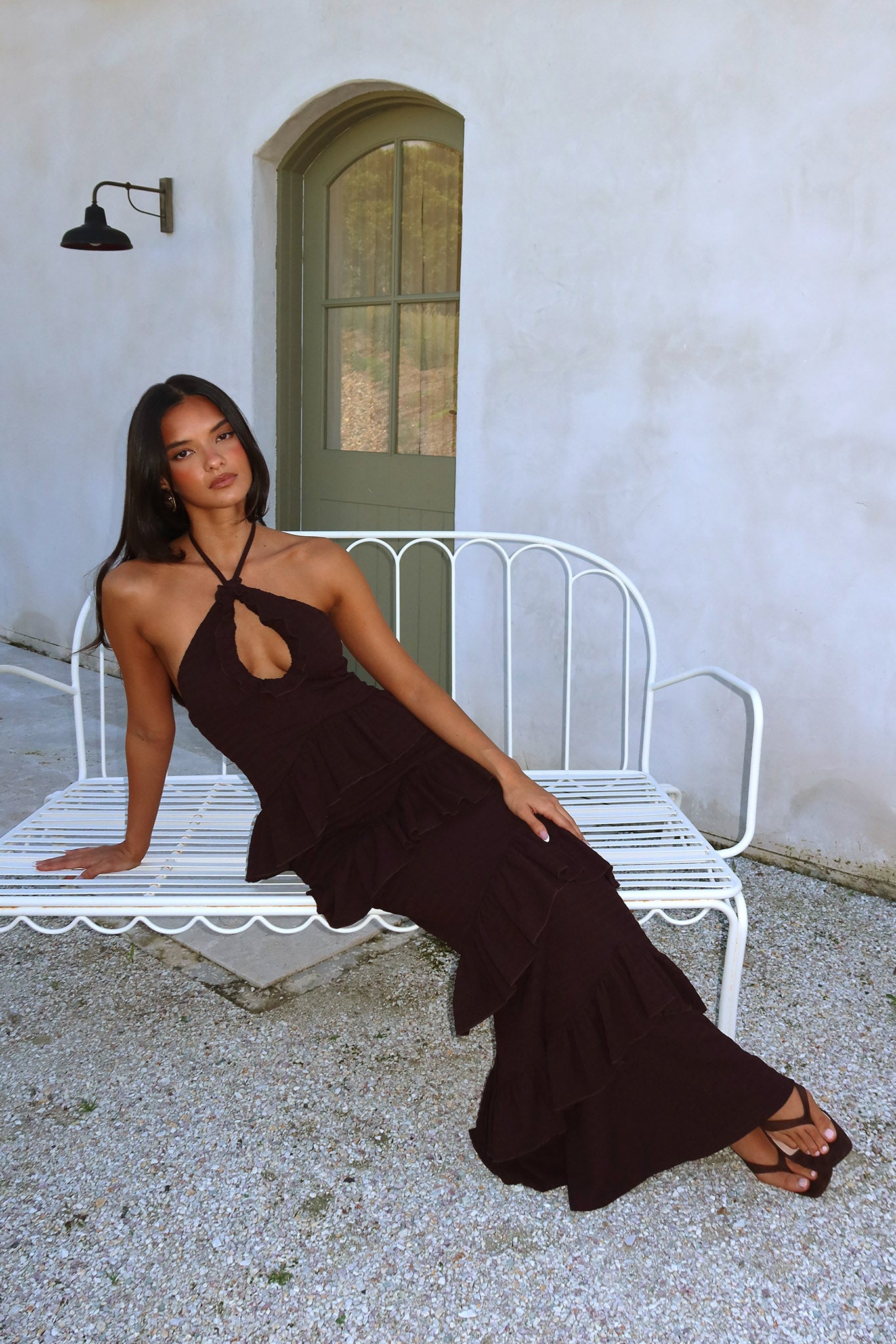 Dulce Dreams Halterneck Frill Maxi Dress Chocolate by Selfie Leslie Australia