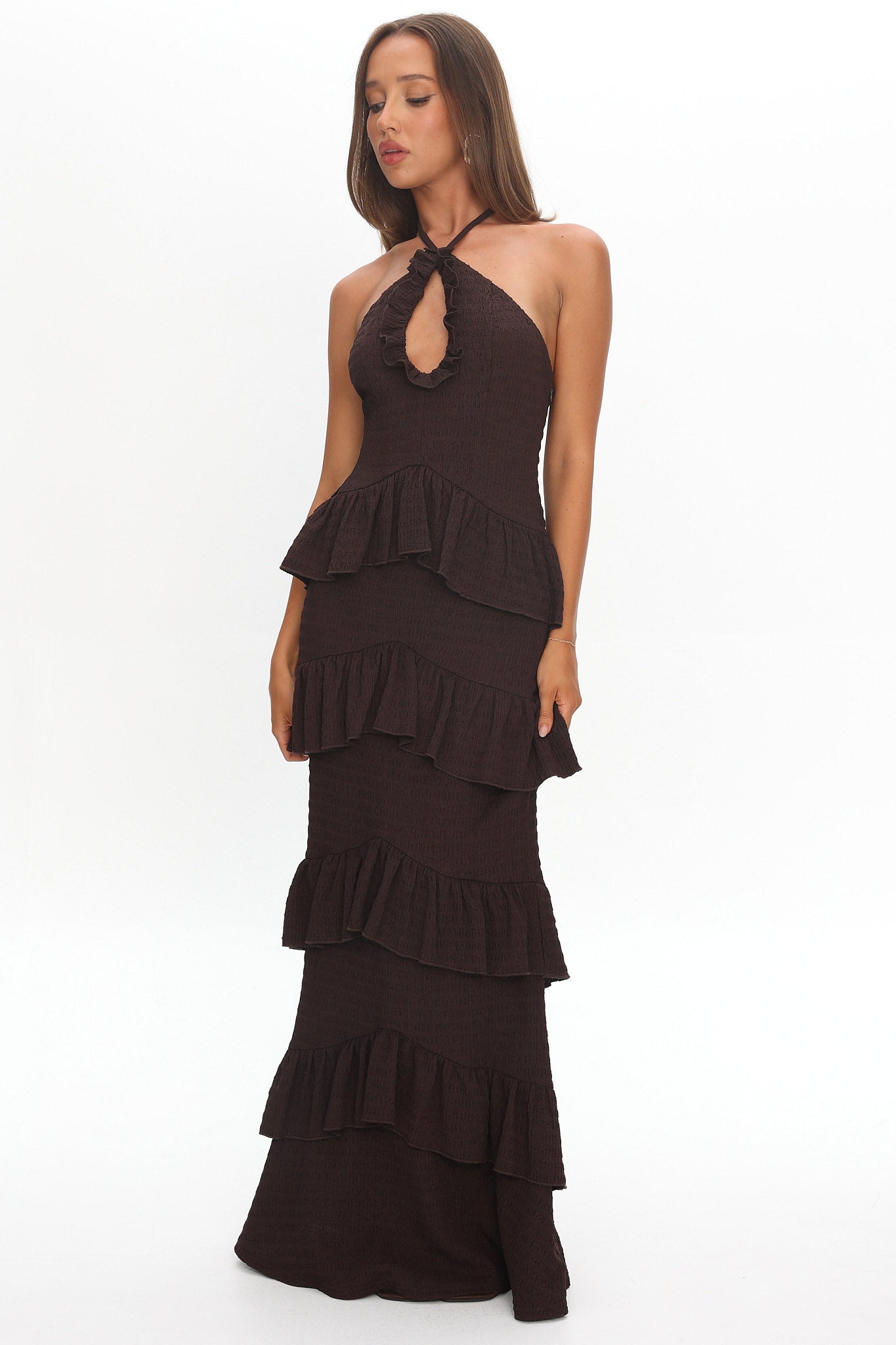 Dulce Dreams Halterneck Frill Maxi Dress Chocolate by Selfie Leslie Australia