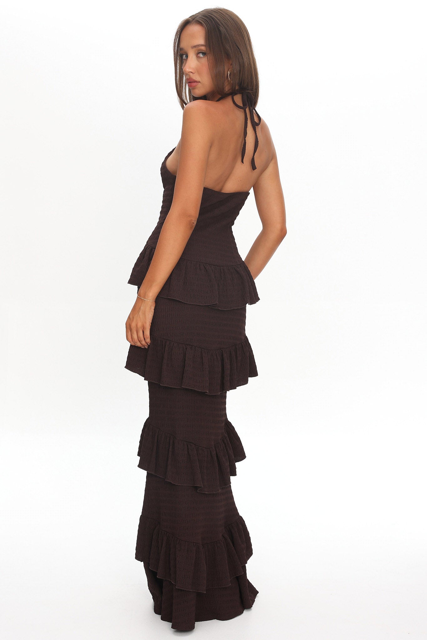 Dulce Dreams Halterneck Frill Maxi Dress Chocolate by Selfie Leslie Australia