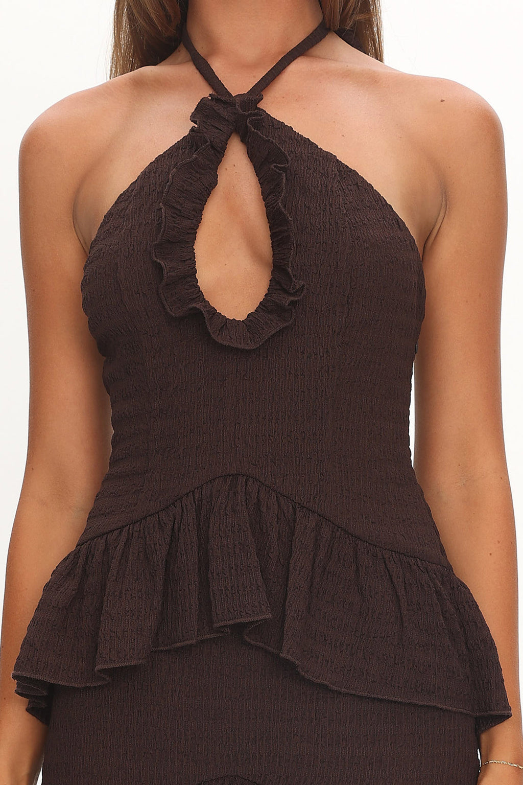 Dulce Dreams Halterneck Frill Maxi Dress Chocolate by Selfie Leslie Australia