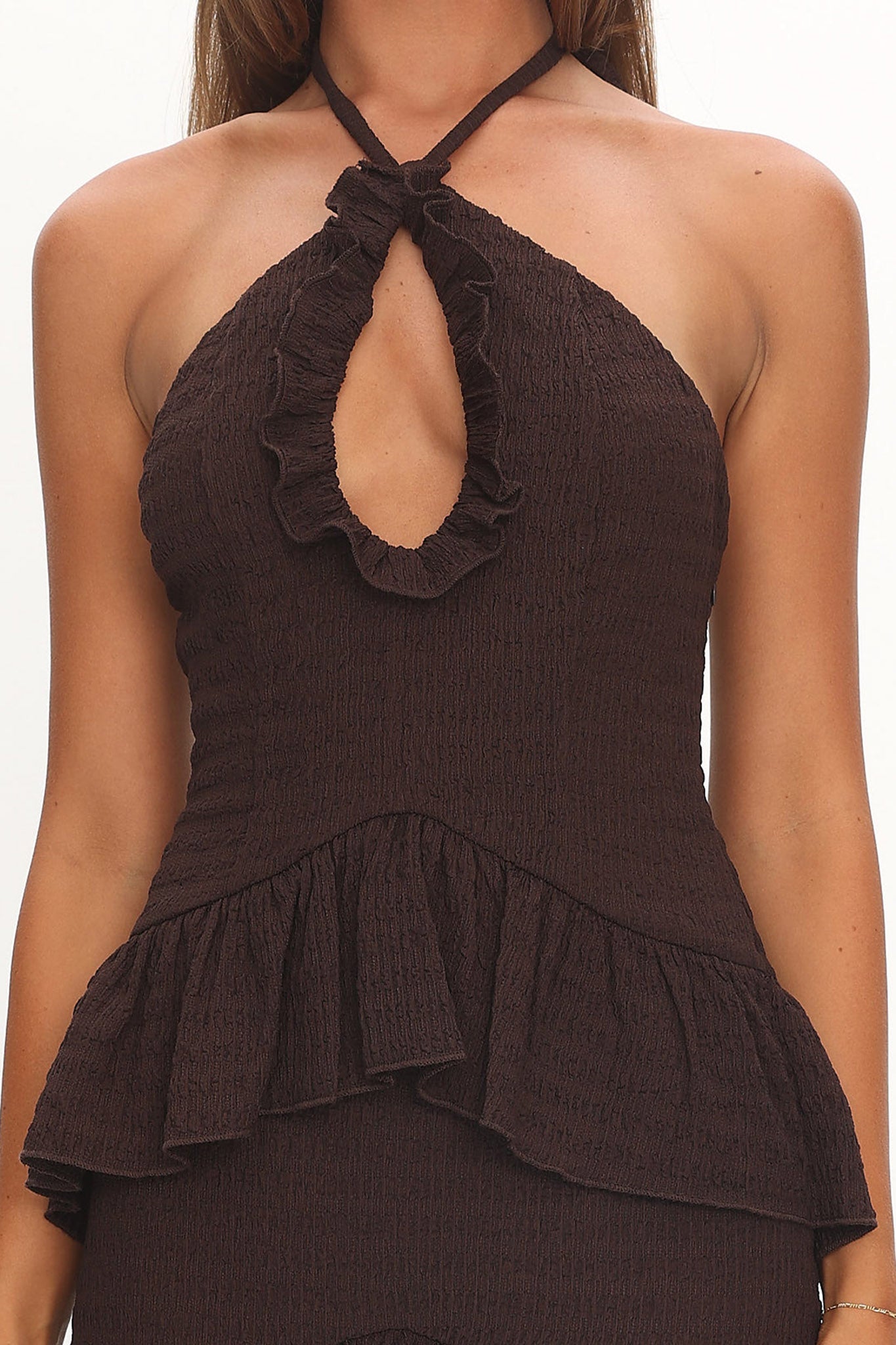 Dulce Dreams Halterneck Frill Maxi Dress Chocolate by Selfie Leslie Australia