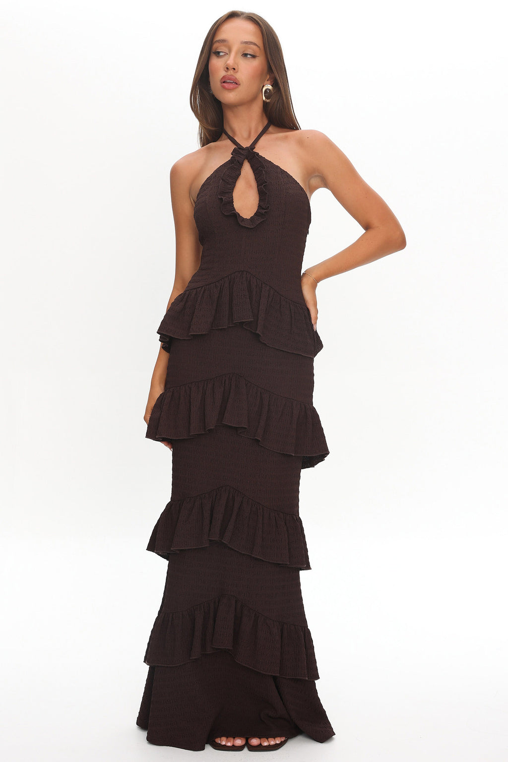 Dulce Dreams Halterneck Frill Maxi Dress Chocolate by Selfie Leslie Australia