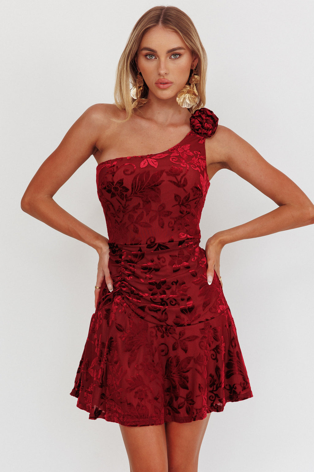 Midnight Aura One Shoulder Mini Dress Wine by Selfie Leslie Australia
