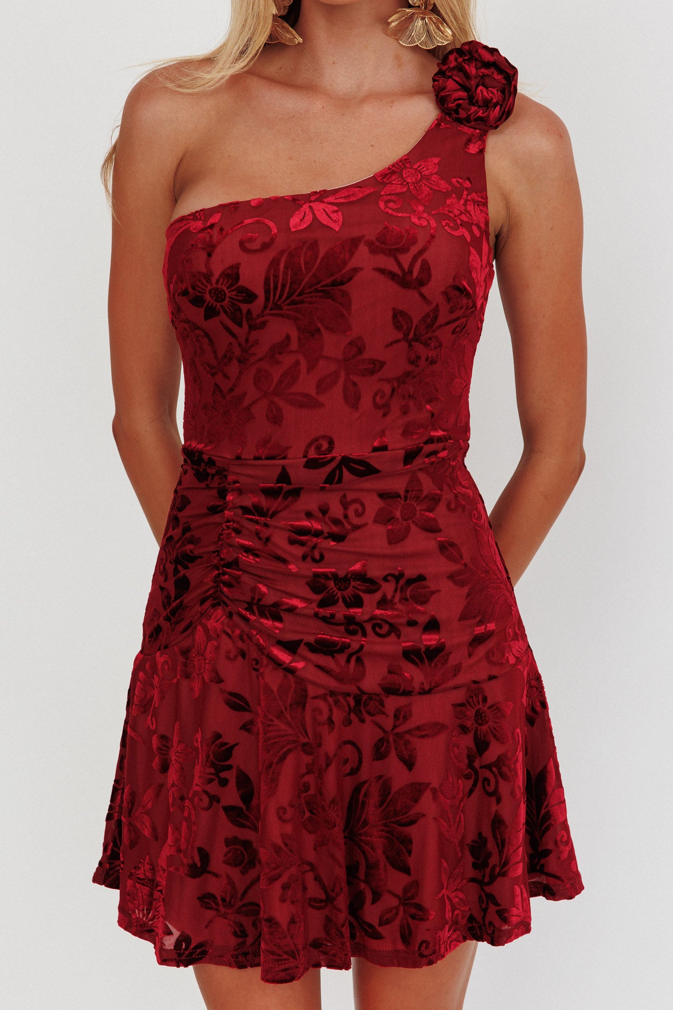 Midnight Aura One Shoulder Mini Dress Wine by Selfie Leslie Australia