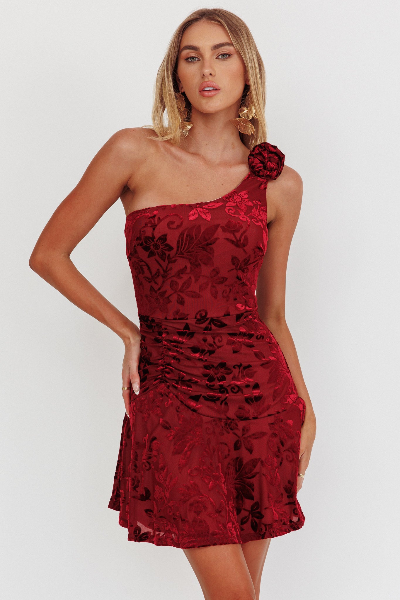 Midnight Aura One Shoulder Mini Dress Wine by Selfie Leslie Australia