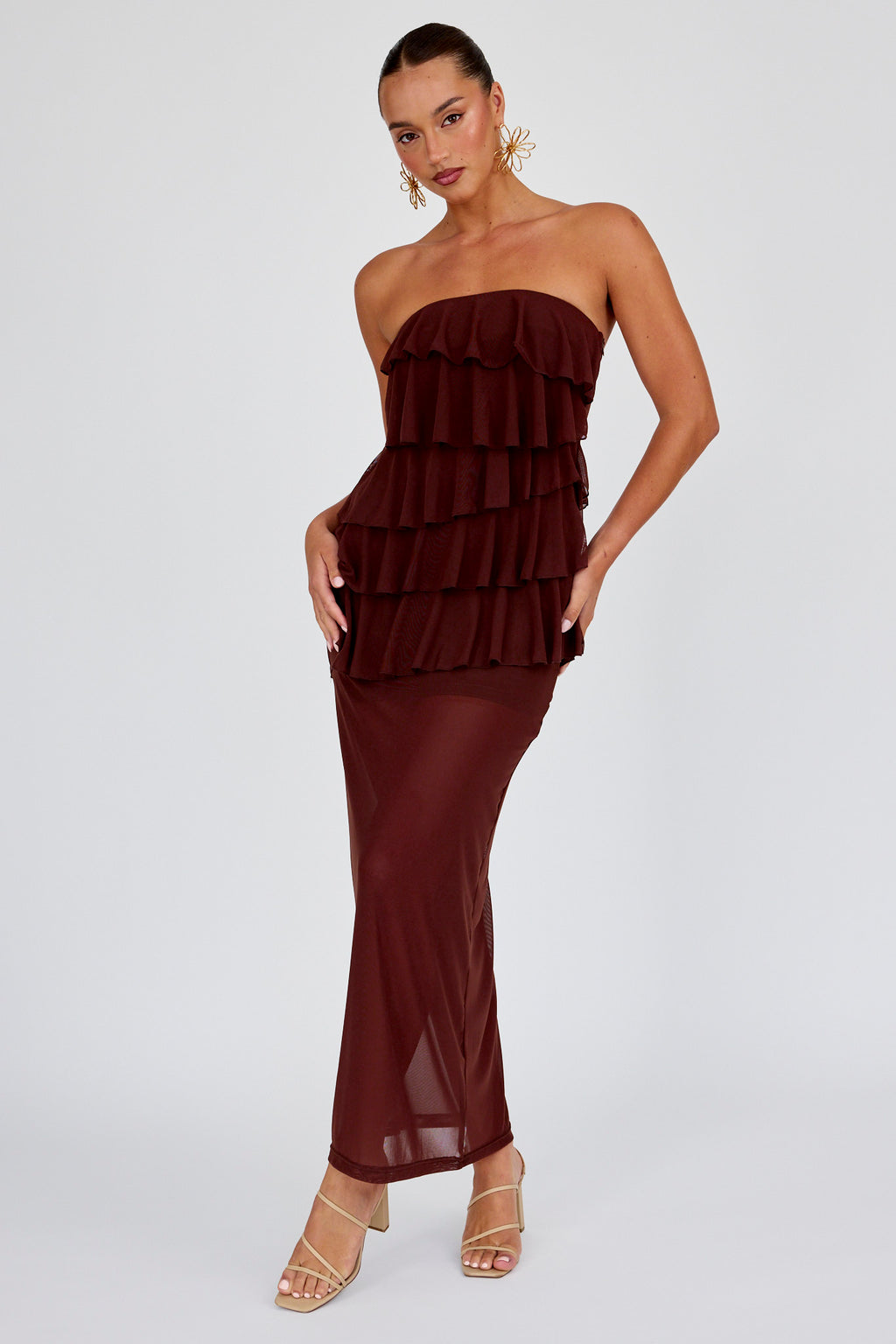 Crewe Strapless Ruffle Maxi Dress Chocolate by Selfie Leslie Australia