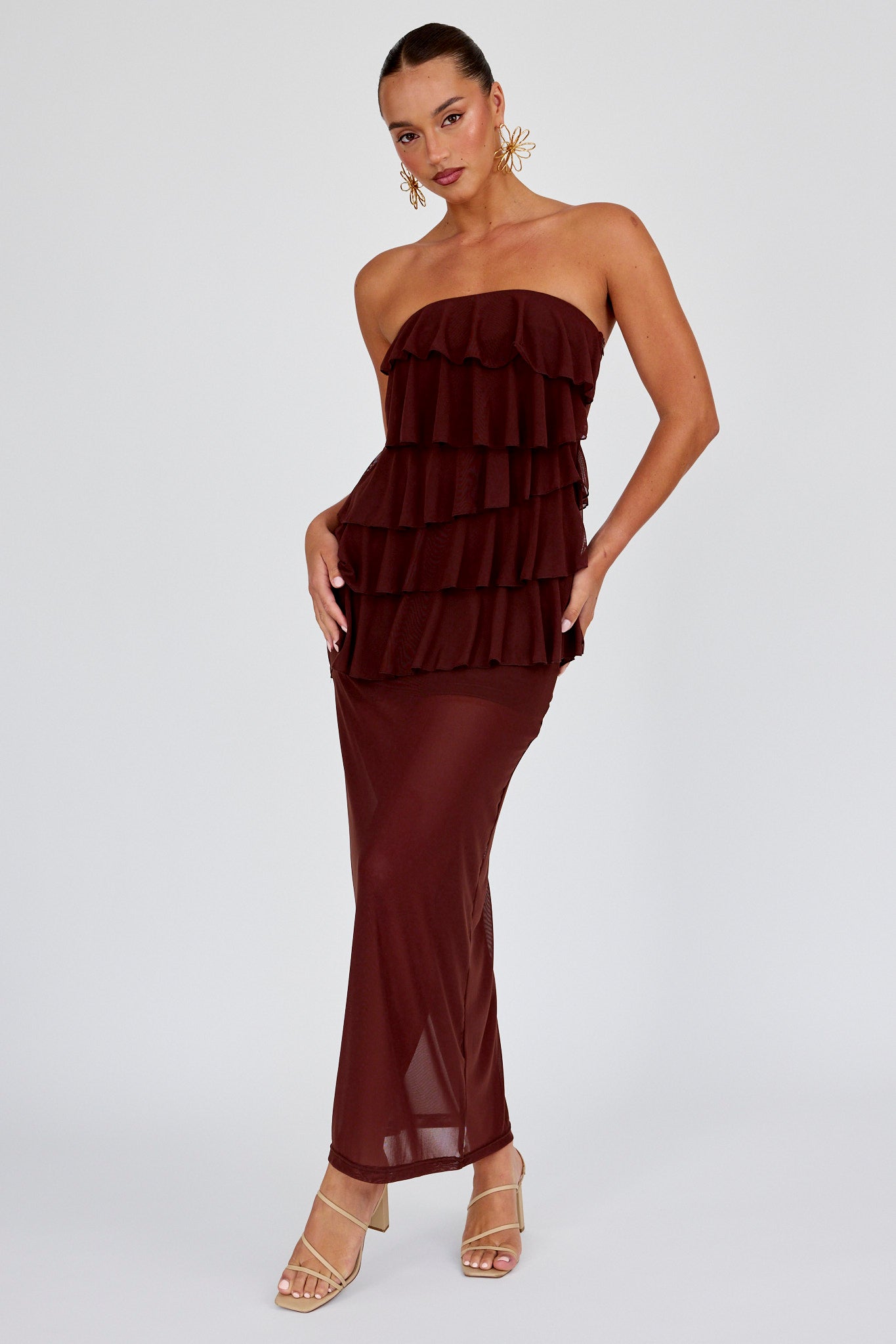 Crewe Strapless Ruffle Maxi Dress Chocolate by Selfie Leslie Australia